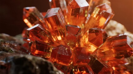Close-up of orange crystalline mineral formation with geometric facets and reflective surfaces