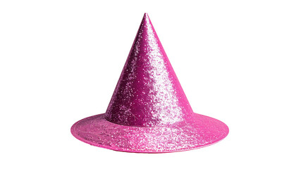Fototapeta premium Pink cone-shaped hat with a wide brim, isolated on a black background, creating a simple, shiny, whimsical image