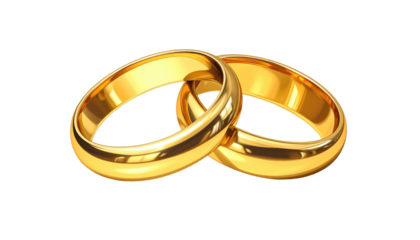 Two intertwined golden wedding rings glimmer against a stark black background, symbolizing unity and commitment