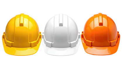 Three hard hats, yellow, white and orange, in a row, isolated against a black background, safety first