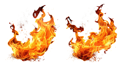 Two flames roar, vibrant orange hues against a stark black background, creating a hot, intense, and powerful visual