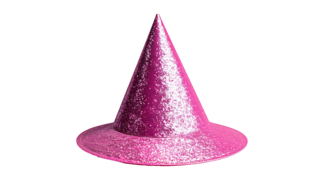 Pink cone-shaped hat with a wide brim, isolated on a black background, creating a simple, shiny, whimsical image