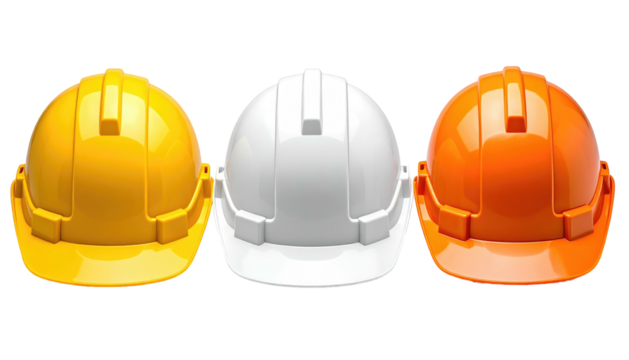 Three hard hats, yellow, white and orange, in a row, isolated against a black background, safety first