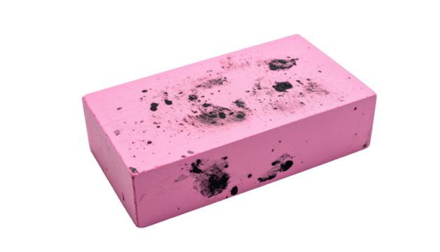 Worn pink eraser with smudges, resting on black. Slightly angled perspective shows its rounded edges and imperfections