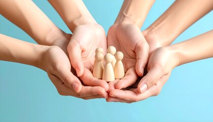 Hands holding family miniature on a blue background