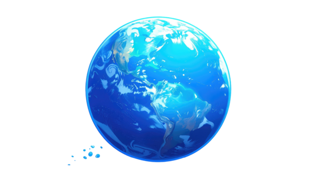 Cartoonish planet Earth, stylized with blue oceans, white clouds, on a black background
