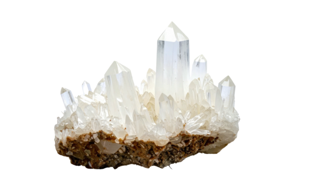 Cluster of clear quartz crystals on matrix base against stark black background, illuminated in studio conditions
