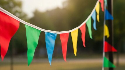 Colorful bunting flags hanging outdoors for a summer party. - Powered by Adobe