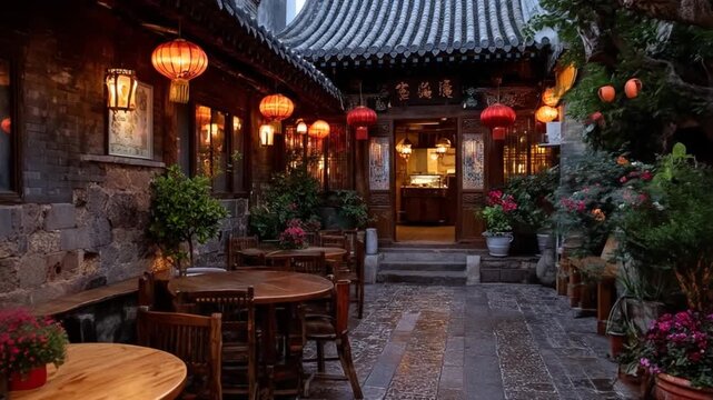 Exterior view of traditional asian restaurant with lanterns tables and plants in outdoor setting
