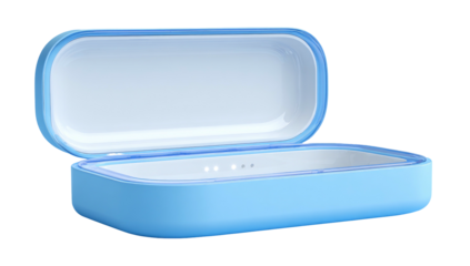 Sky blue sanitizing box. Opened, interior is bright white. Has soft, rounded edges. Rendered against black