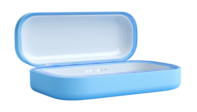 Sky blue sanitizing box. Opened, interior is bright white. Has soft, rounded edges. Rendered against black