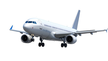 Obraz premium White passenger plane with landing gear down, angled toward viewer, on a black background, under bright daylight