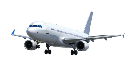 White passenger plane with landing gear down, angled toward viewer, on a black background, under bright daylight