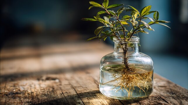 carboy. Clear glass carboy with floating green plant and visible roots on rustic wooden surface. gardening catalogs, home-decor guides, designed for home decor and floral branding.