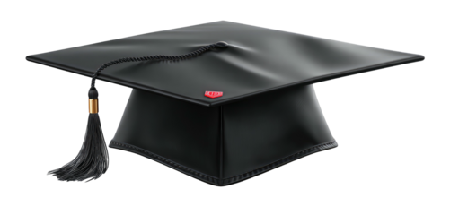 Black square academic cap with tassel, shiny fabric texture, and graduation day symbolism against a black backdrop