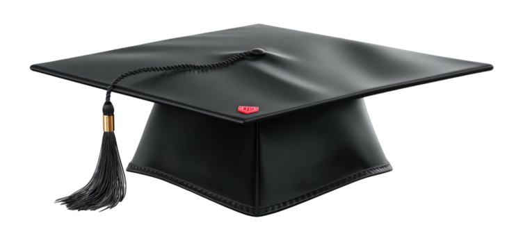 Black square academic cap with tassel, shiny fabric texture, and graduation day symbolism against a black backdrop