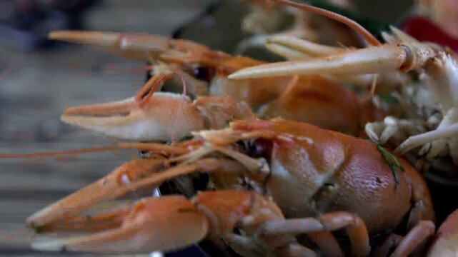boiled crayfish on wooden background