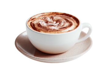 Steaming cappuccino with swirls of foam and cocoa in a white cup, sitting on a pink saucer, against a black background