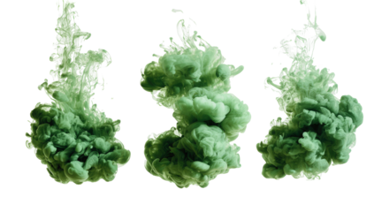 Three plumes of green pigment in dark liquid, expanding and swirling upwards in wispy, abstract shapes
