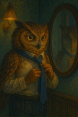 Obraz premium Dapper owl tying a blue tie in mirror