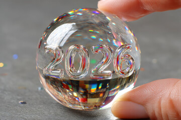 Hand Holding Clear Glass Sphere with 2026 Numbers Inside Displaying Rainbow Iridescent Reflections