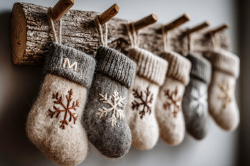 Handmade Wool Christmas Stockings with Snowflake Embroidery Hanging on Rustic Branch Holder Monogram Detail