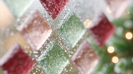 Frosted Christmas Ribbon Decoration with Sparkling Snow Crystals and Bokeh Lights Background
