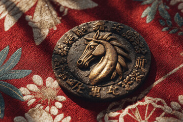 Antique Bronze Coin with Horse Relief and Chinese Calligraphy on Red Floral Fabric