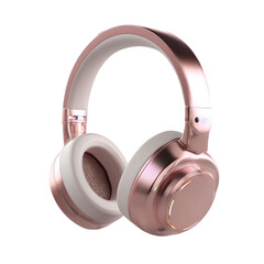 Sleek rose gold headphones with white padding, isolated against a black background, exhibiting a modern design