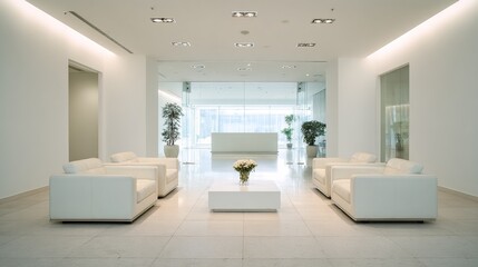 Fototapeta premium lobby. A modern office lobby with clean white walls and minimalist furniture, filled with natural light. real-estate listings.