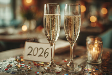 Two Champagne Flutes with 2026 Card and Confetti on Festive Table New Year Celebration