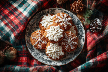 Gingerbread Cookies with White Icing Snowflake Decoration on Vintage Plate Plaid Fabric Pinecone Background