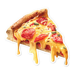 Slice of pizza with melted cheese and tomatoes, rendered with a painterly, sticker-like quality