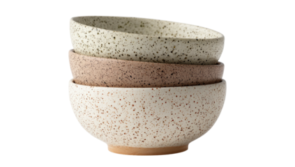 Stack of three speckled bowls in neutral tones, one atop the other, slightly angled on a black background
