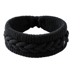 Knitted dark headband with a braided design against a dark background, displayed head-on for easy viewing