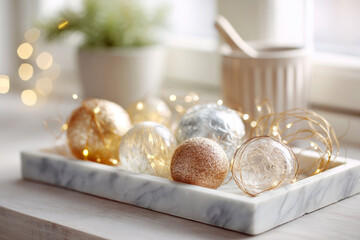 Gold Silver Christmas Ornaments Wire Spheres on White Marble Tray Elegant Display