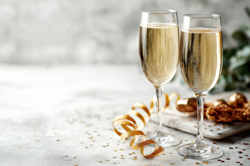Two Champagne Flutes with Bubbles and Golden Ribbon on Light Gray Surface Festive Celebration
