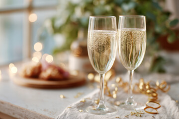 Two Champagne Flutes with Sparkling Bubbles and Golden Decorations on Festive Table Setting