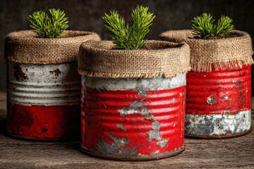 Group of Vintage Red Tin Can Planters with Pine Seedlings Wrapped in Burlap Ribbon
