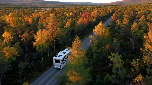 Scenic autumn landscape with RV traveling down a winding forest road