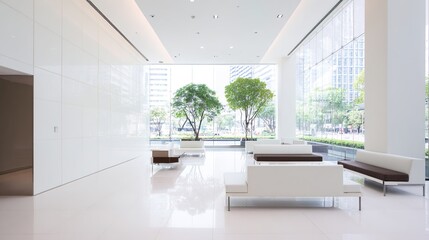 Fototapeta premium lobby. A modern office lobby with clean white walls and minimalist furniture, filled with natural light. real-estate listings.