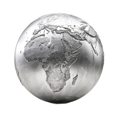 Metallic globe rendering; Africa is prominently displayed. Subtle details and textures on a black background