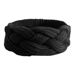 Knitted dark headband with a braided design on a black background, texture detail visible