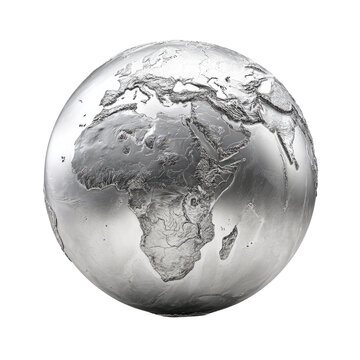 Metallic globe rendering; Africa is prominently displayed. Subtle details and textures on a black background