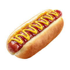Hotdog with mustard and ketchup in a bun, angled view against a black background. Yummy!