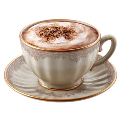 Cup of frothy hot chocolate with chocolate shavings on top, in a fancy, ornate teacup and saucer, on a black backdrop
