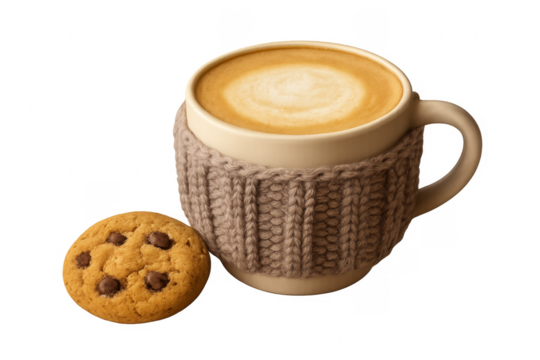 Coffee mug with knitted cozy and chocolate cookie