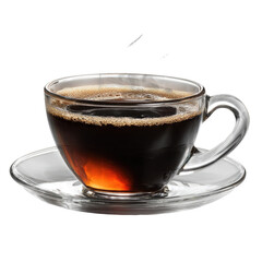 Steaming dark coffee in a clear glass cup and saucer against a black background with wisps of vapor