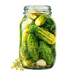 Pickled cucumbers fill a clear jar, preserved with herbs in a brine solution, isolated against a dark background