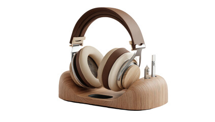 Stylish headphones in brown/beige tones are presented on a wooden stand, against a sleek black backdrop